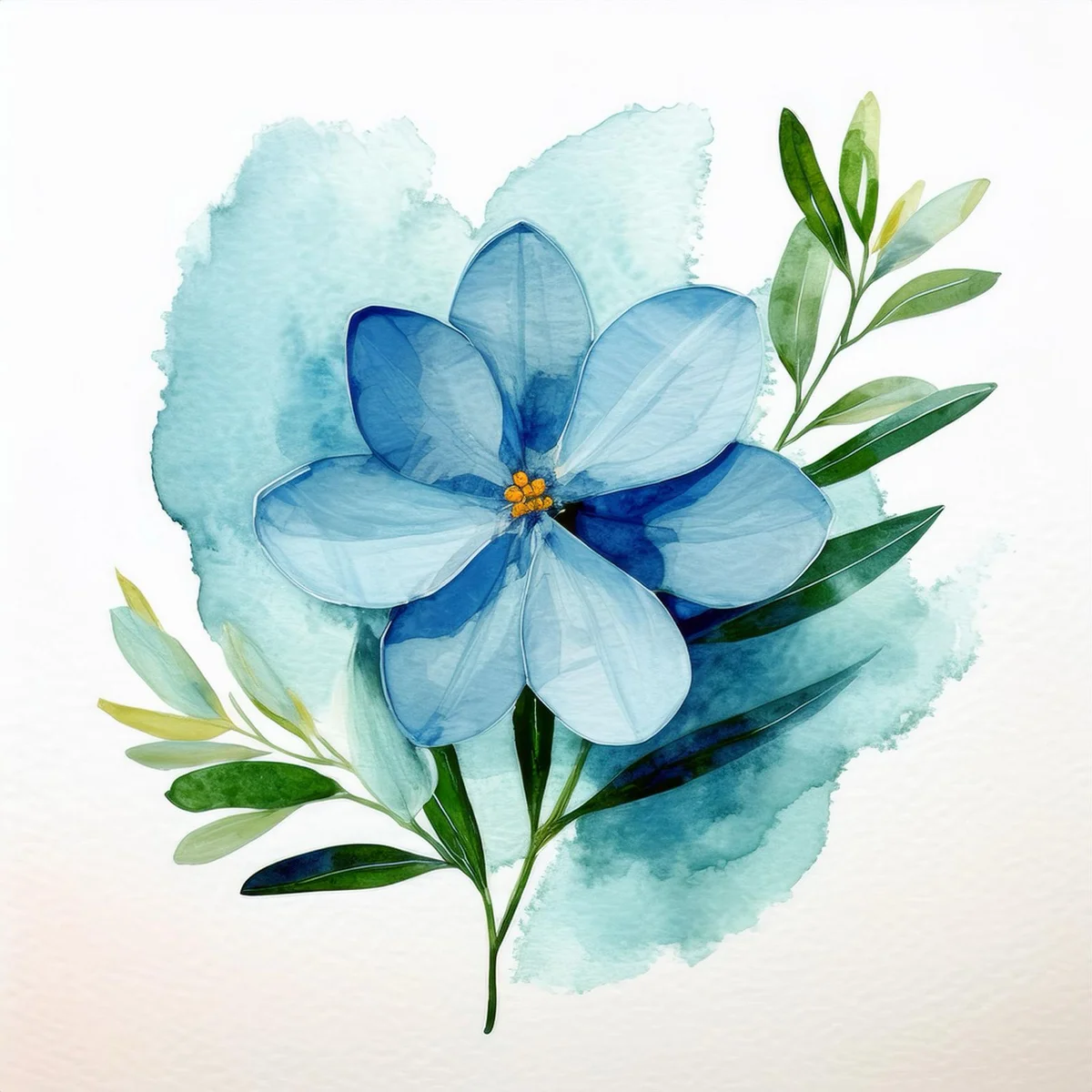 Arte botânica NINA.O com flor azul e folhas verdes em aquarela
