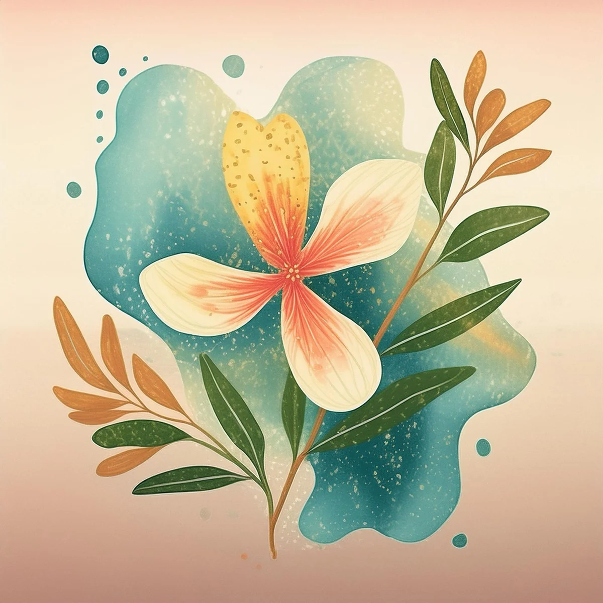 Arte botânica NINA.O com flor em tons de pêssego e fundo aquarelado verde