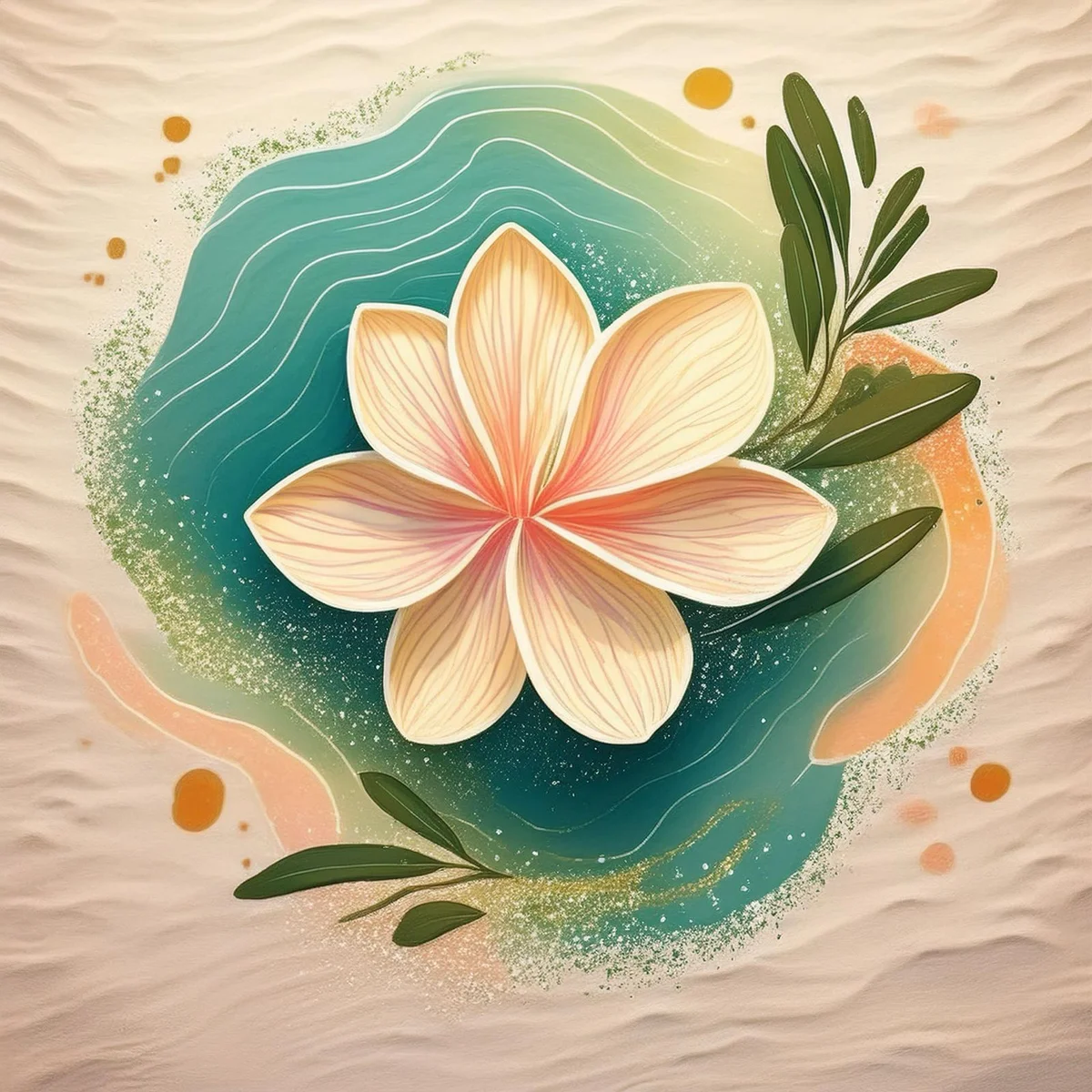 Arte NINA.O Flor de Zanzibar com pétalas claras, linhas orgânicas e tons de verde e areia